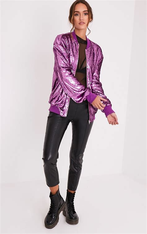 Iola Purple Sequin Bomber Jacket Coats And Jackets Prettylittlething Prettylittlething