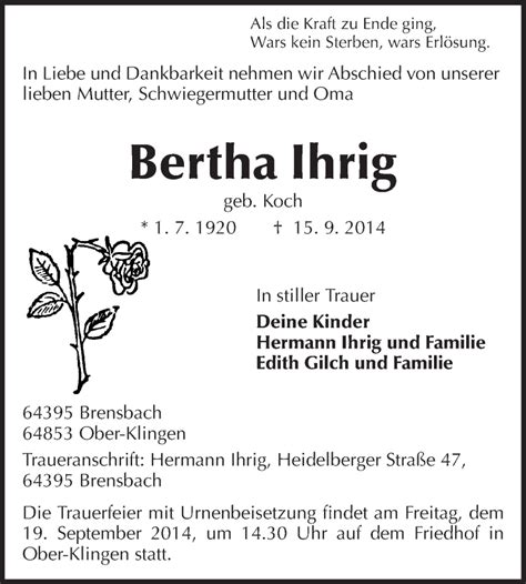 Traueranzeigen Von Bertha Ihrig Vrm Trauer De