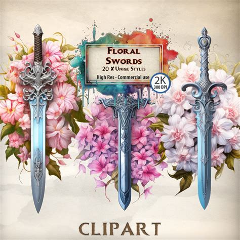 Sword Clipart Floral Sword Illustrations Botanical Flower Graphic ...