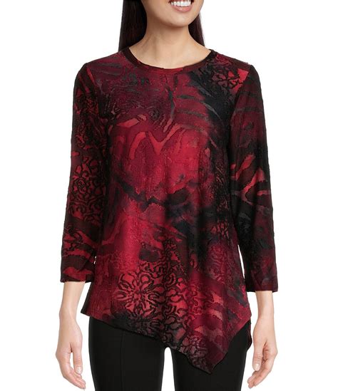 Calessa Burnout Tie Dye Knit Crew Neck Long Sleeve Asymmetrical Hem