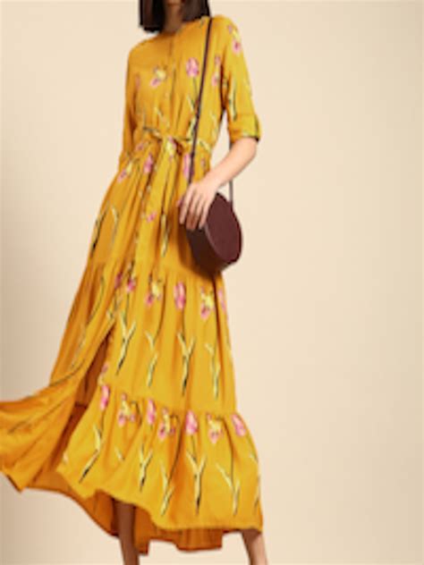 Buy Anouk Mustard Yellow And Pink Floral Ethnic Tiered Maxi Dress