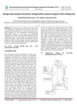 Irjet Design And Analysis Of Ejector Refrigeration System Using R A