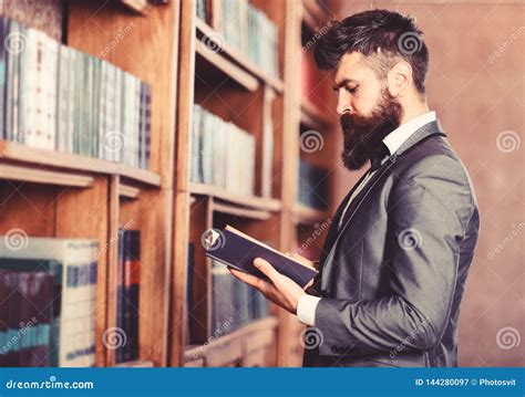 Bearded Man Reading Book In The Librar Stock Image Image Of Chair