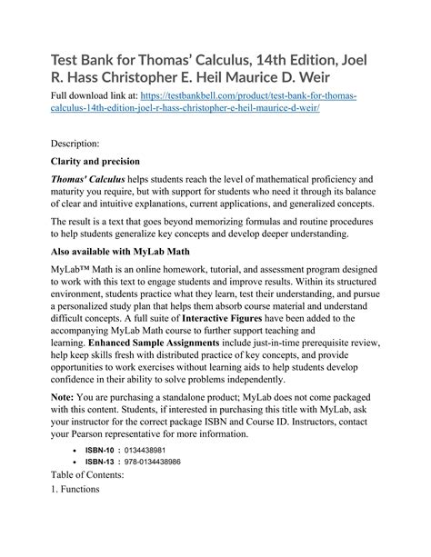 Test Bank For Thomas Calculus 14th Edition Joel R Hass Christopher E