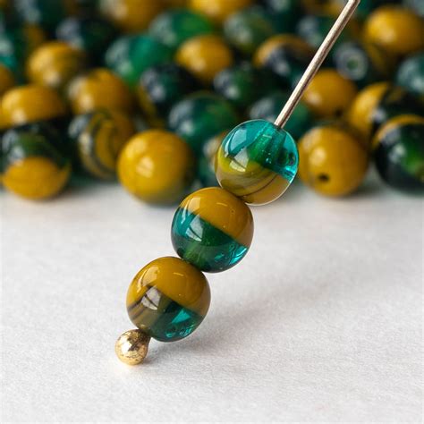 6mm Round Glass Beads Green Ochre Mix 50 Beads Funkyprettybeads