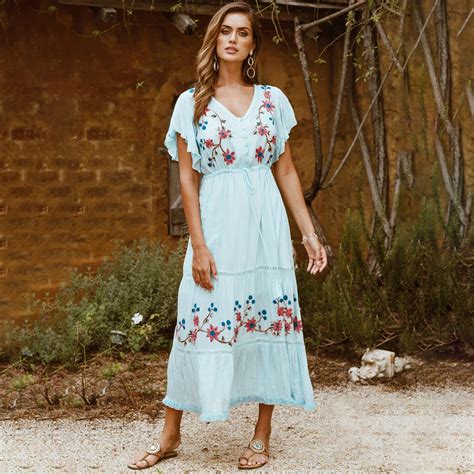 Jastie Boho Floral Embroidery Maxi Dress V Neck Ruffle Sleeve Vintage