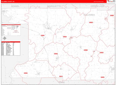 Columbia County, WI Zip Code Wall Map Red Line Style by MarketMAPS ...