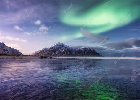 Premium Photo Aurora Borealis Skagsanden Beach On Lofoten Islands