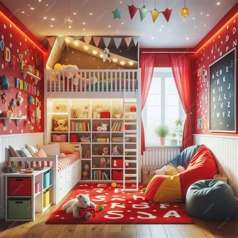 Premium Photo A Room With A Childs Room With A Bed Bookshelf And A