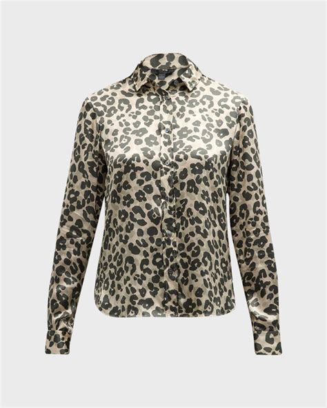 ATM Anthony Thomas Melillo Leopard Print Silk Charmeuse Slim Fit Shirt