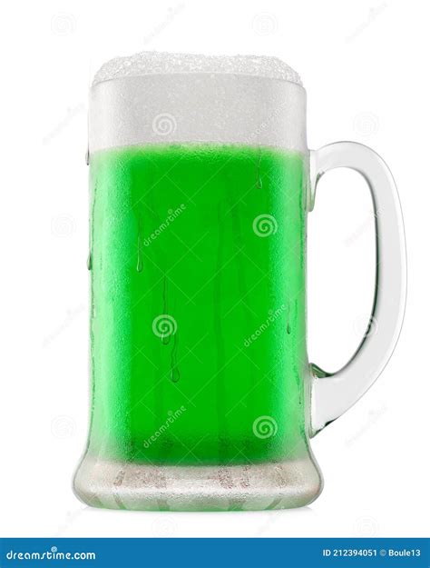 Frosty Glass Of Draft Green Beer With Bubble Froth Isolated On White