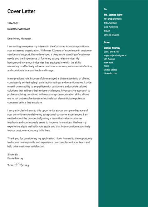 Customer Advocate Cover Letter Samples Examples Cvdesigner Ai