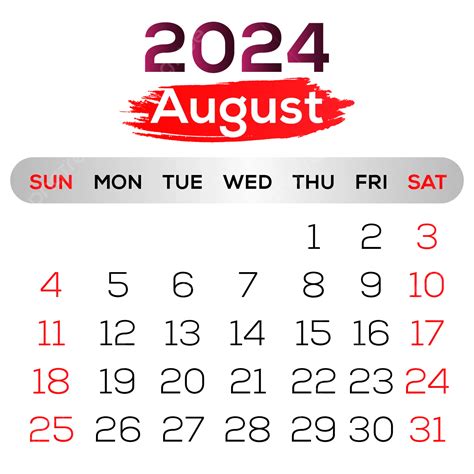 Diseño De Calendario Del Mes De Agosto De 2024 Vector PNG Calendario