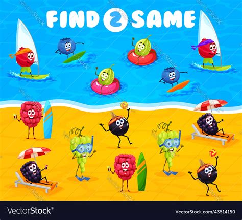 Find two same cartoon berry characters on beach Vector Image