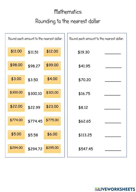 Rounding To The Nearest Dollar Worksheet Live Worksheets Worksheets