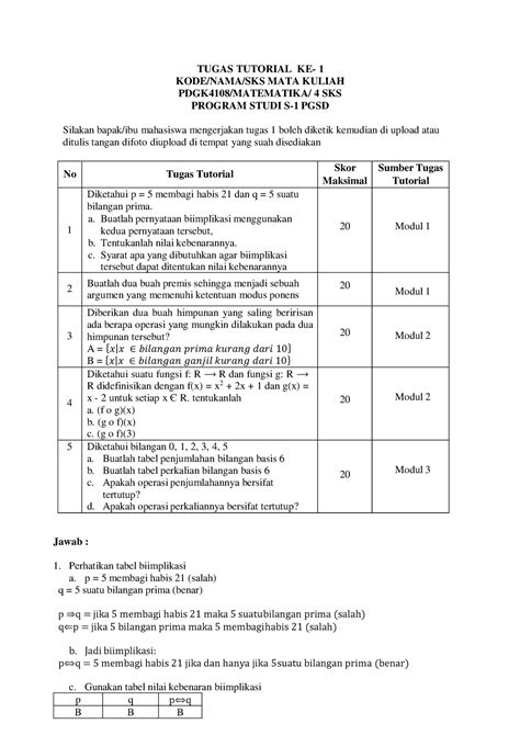 Tugas Tutorial Matematika Tugas Tutorial Ke Kode Nama Sks Mata