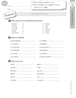 Exercices Vocabulaire Cm De L Adjectif Au Nom