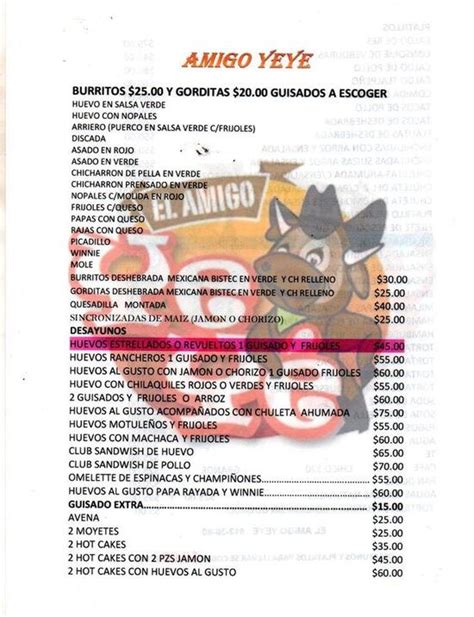 Carta Del Restaurante El Amigo Yeye Ciudad Juarez