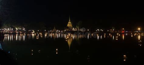 Sukhothai Historical Park at Night with Lighting in Loy Kratho Stock Image - Image of night ...