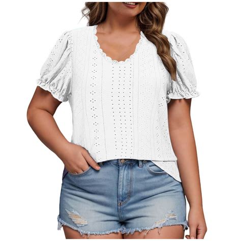 Meresysid Plus Size Short Sleeve Crop Tops For Women Summer Eyelet Crew