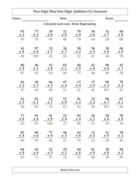 Two Digit Plus One Digit Addition With Some Regrouping 64 Questions U