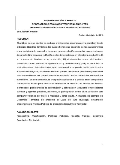 Propuesta De PolÍtica PÚblica De Desarrollo EconÓmico Territorial En El