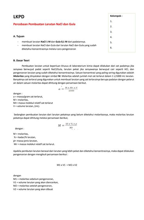 Solution Lkpd Pembuatan Larutan Dan Pengenceran Kirim Studypool