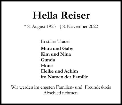 Traueranzeigen Von Hella Reiser Trauer Anzeigen De