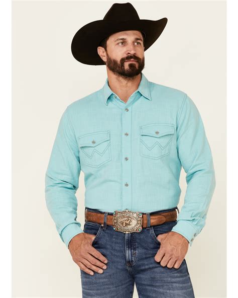 Wrangler Retro Premium Mens Solid Light Blue Long Sleeve Snap Western