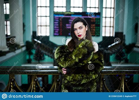 Brunette Girl In Green Fur Coat At Winter Day Stock Image Image Of Frozen Weather 233612249