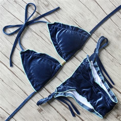 Velvet Swimsuit Women Sexy Push Up Bikini Solid String Bikini Set 2018