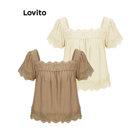 Lovito Casual Blusa Feminina Lisa Jacquard Renda L68ED260 Cáqui