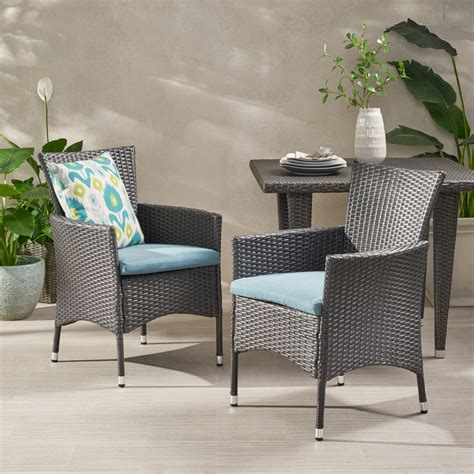 Miya Outdoor Grey Wicker Dining Chairs With Water Resistant Cushions