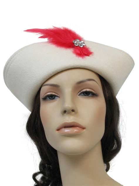 Retro 80s Hat 80s 100 Percent Wool Womens Ivory Wool Felt With White Rhinestone Pin And Red