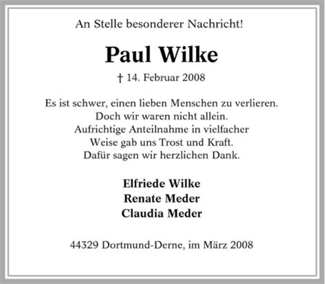 Traueranzeigen Von Paul Wilke Trauer In Nrw De