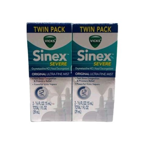 2 Twin Pack Vicks Sinex SEVERE Nasal Spray Original Ultra Fine Mist