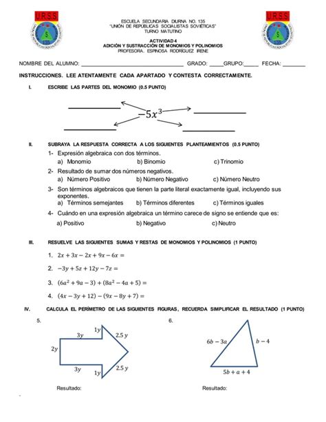 Adición y sustracción de monomios y polinomios PDF