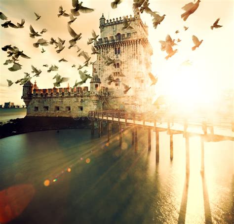 Scenic Belem Tower and Sunset Landscape Stock Image - Image of ...