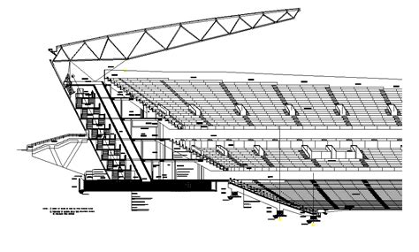 Sectional detail and elevation of a stadium - Cadbull