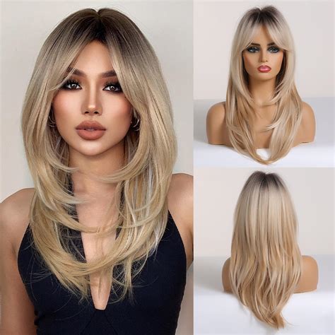 Blonde Wig With Bangs Long Curly Wigs For Women Synthetic Wig Dark