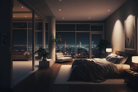 Premium Photo A Bedroom With A View Of The City At Night