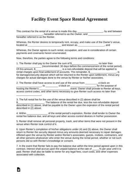 Printable Free Event Facility Space Rental Agreement Template Pdf Venue