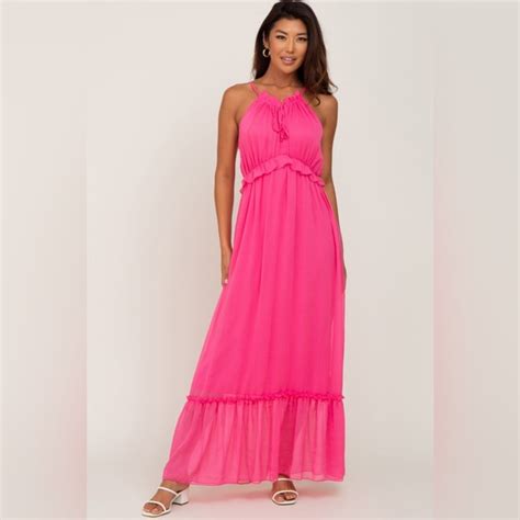 Pinkblush Dresses Pinkblush Chiffon Hot Pink Ruffle Trim Maxi Dress