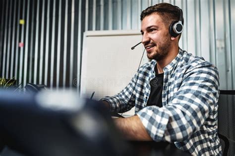 Customer Service Support Operator Man With Headphones And Microphone