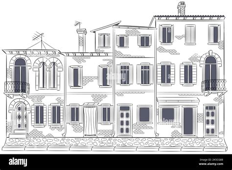 Black And White Drawing Of The Facades Of Traditional Houses On The