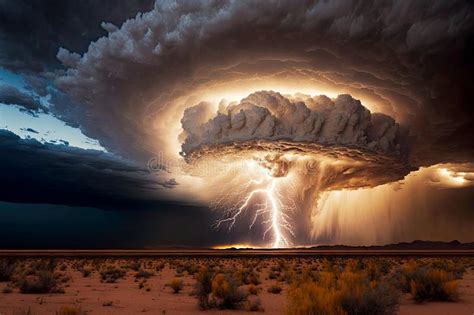 Thunderstorm Supercell With Giant Lightning Over Desert Made With