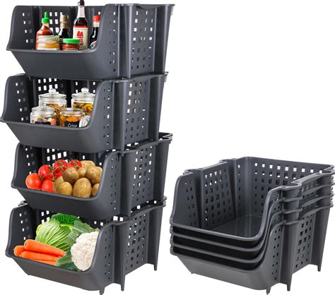 Skywin Plastic Stackable Storage Bins For Pantry Dark Grey