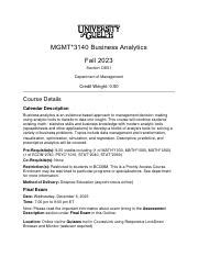 Outline Pdf MGMT 3140 Business Analytics Fall 2023 Section DE01