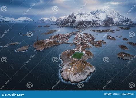 Aerial View Of Village Henningsvaer In Winter A Famous Fishing Village