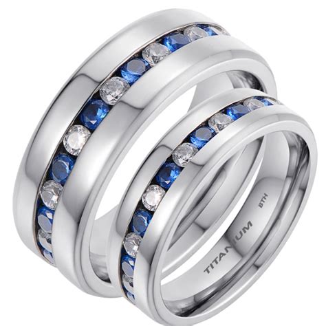 His And Hers Matching Titanium Blue Sapphire Wedding Couple Rings Set